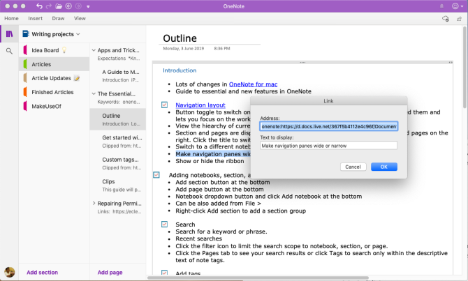 voeg de link naar de OneNote-pagina in