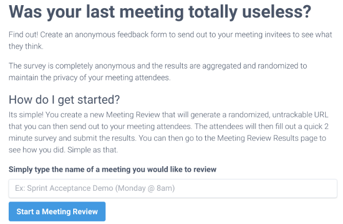 Useless Meetings heeft een anoniem feedbackformulier voor werknemers om managers te vertellen wat ze van teamvergaderingen vinden