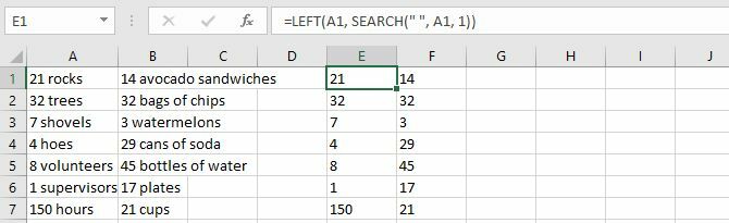 Combineer de functies LINKS en ZOEKEN om tekst en cijfers in Excel te scheiden.