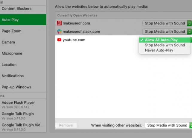 pas instellingen voor automatisch afspelen aan voor YouTube in Safari-voorkeuren op Mac