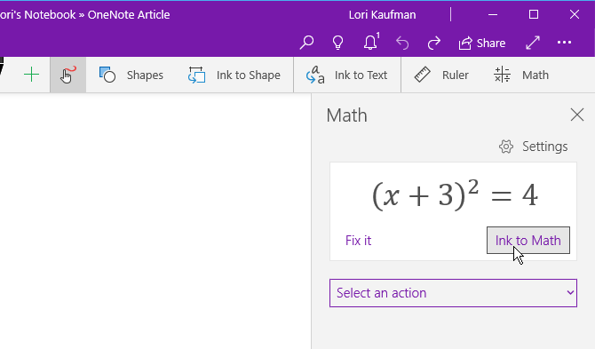 Klik op Ink to Math op het tabblad Draw