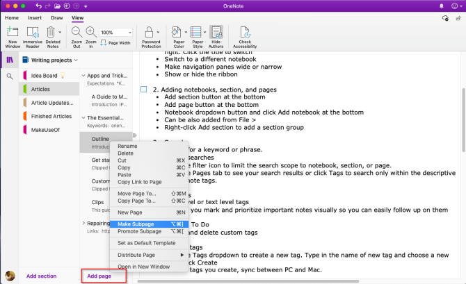 pagina's toevoegen en subpagina's maken in OneNote