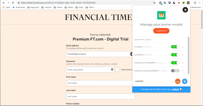 Burner e-mails Google Chrome-extensie