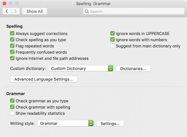 Spelling Grammatica-instellingen Mac