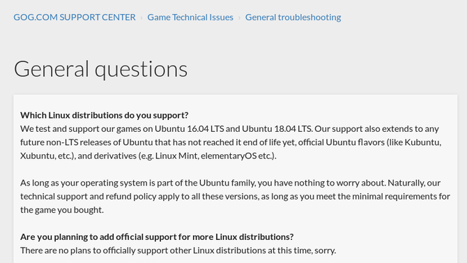 GOG.com met ondersteunde versies van Linux