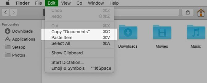 Kopieer en plak menu-opties in Finder op de Mac