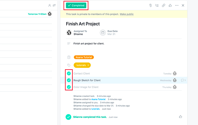 Asana-project maken Voltooi een taak