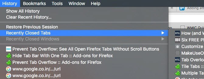 firefox heeft onlangs tabbladen gesloten