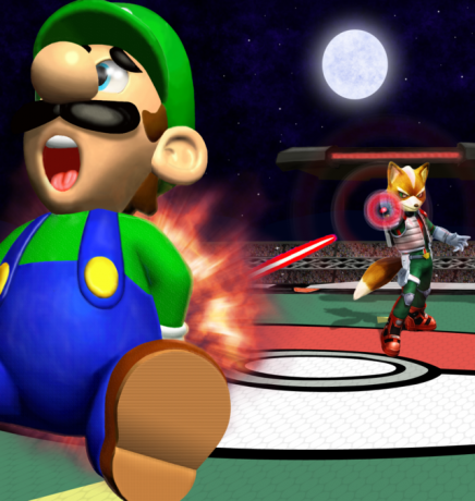 Luigi wordt aangevallen door Fox in Smash Bros.