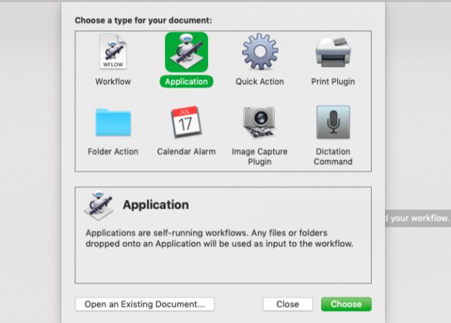 kies Toepassing als het documenttype in de Automator-sjabloonkiezer op Mac