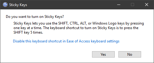 Dialoogvenster Windows Sticky Keys