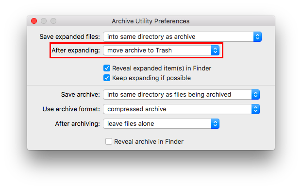 ZIP-bestanden automatisch verwijderen na extractie in Mac Archive Utility Preference