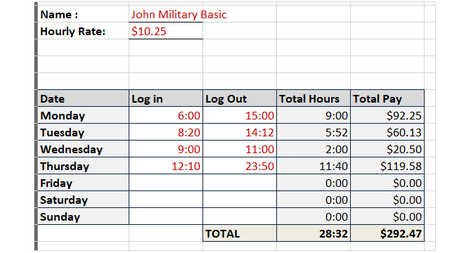 rooster sjabloon track uren militaire tijd geen pauzes excelleren