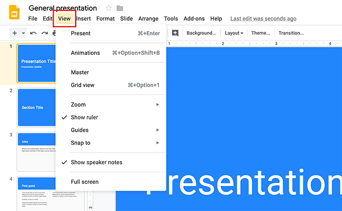 Een presentatie maken Google View-menu voor dia's