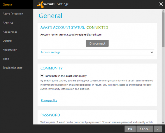 Avast - Instellingen - Algemeen