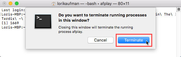 Klik op Beëindigen voor een proces in een Terminal-venster op Mac