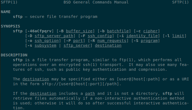 SFTP-handleiding geopend in een Linux-terminal