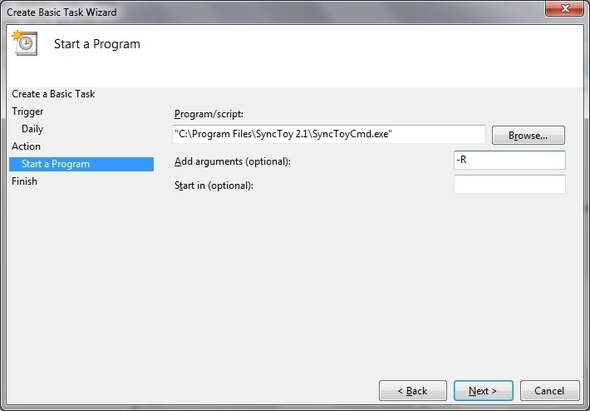 SyncToy: de eenvoudige oplossing voor back-up en synchronisatie van Microsoft [Windows] Taakplanner Maak basistaakactie Start programma Zoek map