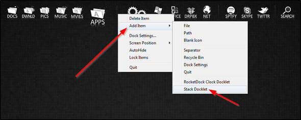 RocketDock + Stacks Docklet: niet alleen een dock, maar een complete oplossing voor desktoporganisatie [Windows] RocketDock Item toevoegen Docklet voor stapel