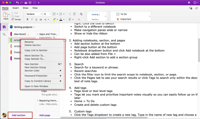 sectie toevoegen aan OneNote Mac