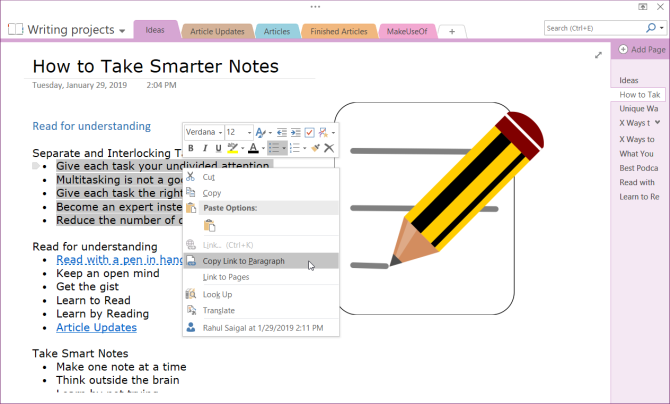 kopie link naar paragraaf in OneNote