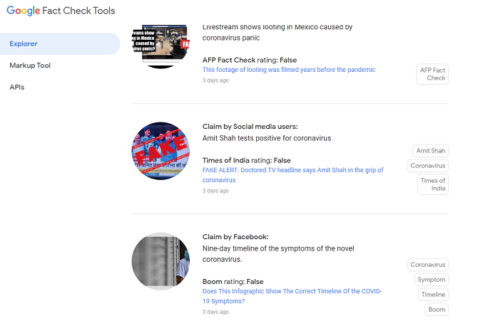 google factcheck tools coronavirus